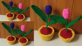 How to crochet a mini Tulip flowerHow to crochet a flower pot [upl. by Arriec]