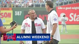 Carlos Ruiz throws first pitch to kick off Phillies Alumni Weekend [upl. by Shuping825]