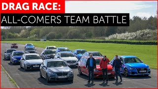 DRAG RACE FUN RS3 M140i Golf R Focus RS A45 AMG i30N Impreza Hot Hatch w Tiff Needell [upl. by Orazal]