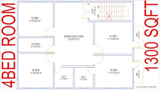 HOUSE PLAN DESIGN  EP 05  1300 SQUARE FEET 4 BEDROOMS HOUSE PLAN  LAYOUT PLAN [upl. by Forcier]