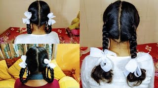 Ribbon HairstylesTwo PlaitsSingle and Double Folded Braids for School Girlsby vahika world [upl. by Civ]