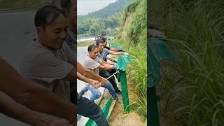 The process of manual installation of guardrail on rural highway bends [upl. by Naejarual271]