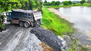 Skill Driver Operator Bulldozer KOMATSU D31P Push Stone Into Water Dump Truck 5Ton Unloading [upl. by Nollad794]