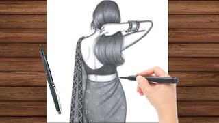 Pencil sketch for beginner  How to draw Girl backside in Saree  drawing tutorial [upl. by Htebiram]