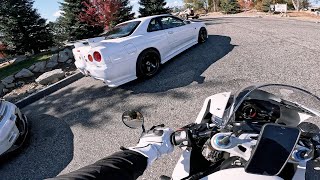 Two Nissan Skyline GTR R34s TriumphSpeedTriple1200RR [upl. by Iarahs478]