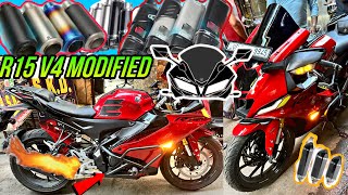 Yamaha r15 v4 modification 😱 एक वीडियो में सब कुछ  R15 v4 R9 exhaust 🔥 [upl. by Tija]