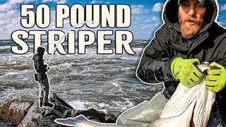 50 Pound Striped Bass Caught Off Dangerous Jetty Tip on Spikes Bucktails  Smooch and Release [upl. by Sergeant201]