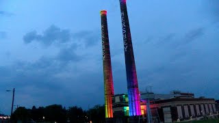 Hershey Company smokestacks illuminated in rainbow colors to celebrate International Pride Month [upl. by Mureil]