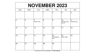 Printable November 2023 Calendar Templates With Holidays  Wiki Calendar [upl. by Tymothy498]