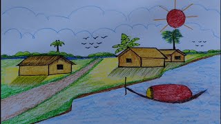 Easiest Method Of Village Sunset Landscape Drawing  Best Pencil Colour Art For Middle School [upl. by Nnaira238]