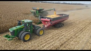 Two John Deere X9 1100 Combines with 16 Row Corn heads Harvesting a 640 Acre Field in Illinois [upl. by Lunnete365]