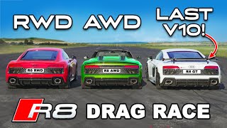 620hp Audi R8 GT v AWD R8 v RWD R8 DRAG RACE [upl. by Ennaisoj]