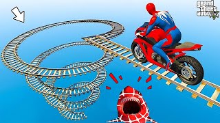 الأبطال الخارقين على القضبان دوامة قمع جسر  SPIDERMAN on Motorcycle in Spiral Bridge Stunt Ride [upl. by Nabala]