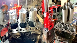 Fiat Trackter 3 Cylinder engine block boring  installed Cylinder sleeve  rebuild engine block [upl. by Alva]