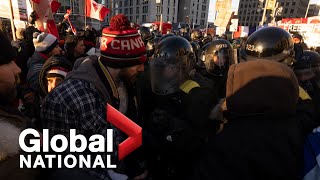 Global National Feb 18 2022  Arrests pileup as police crackdown on lingering Ottawa occupiers [upl. by Ellenad]