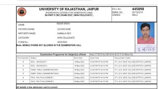 BA 2ND YEAR ADMIT CARD UNIRAJ RAJASTHAN UNIVERSITY 2022 [upl. by Peltz]