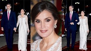 Queen Letizia of Spain Sparkles in White Embroidered Evening Dress for Lavish Dinner in Morocco [upl. by Soisinoid]