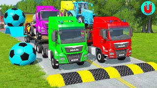 Double Flatbed Trailer Truck vs Speedbumps Train vs Cars  Tractor vs Train BeamngDrive 054 [upl. by Idnac]