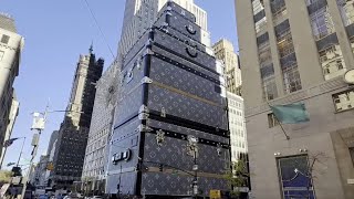 Trunk Tower Louis Vuittons luxury fix to mask construction at Fifth Avenue flagship  NBC New York [upl. by Aleet201]