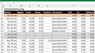 Excel automatische Arbeitszeiterfassung erstellen  Vorlage Zeiterfassung mit Überstunden Feiertage [upl. by Rinee225]