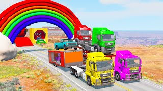 Double Flatbed Trailer Truck vs Speedbumps Train vs Cars Tractor vs Train Beamng Drive 13 [upl. by Ozan]