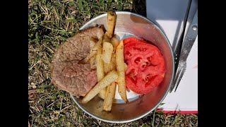 Mess Kit Canteen Cooking Steak and home fries in a vintage Boy Scout Cook set [upl. by Schilt]