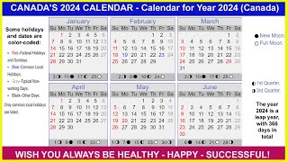 Calendar for Year 2024 Canada  Canadian solar calendar 2024 [upl. by Rabjohn885]