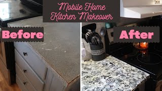 Mobile Home Kitchen Makeover on a Budget Faux Granite Countertop Peel and Stick Subway Tile [upl. by Attiuqaj]