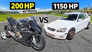 Super Bike vs Super Motor Slammed BMW S1000RR vs 1150hp Lexus IS300 in NoPrep Drag Racing [upl. by Thetisa905]