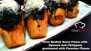 Simple recipe of Backed Sweet Potatoes with Spinach and Chickpeas gratinated with Pecorino Cheese [upl. by Atinob875]