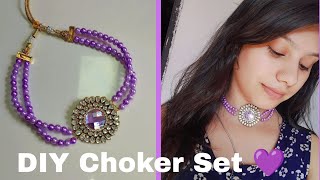 DIY Beautiful Trending Purple💜 Choker Set Making At Home 😍 Handmade Set diy craft ytviral [upl. by Ettevroc]