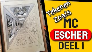 Perspectief tekenen Escher  Deel 1 Opzet 3D tekening [upl. by Anitsirhcairam]