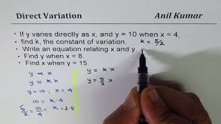 Find Constant of Variation Direct Variation Equation with x  4 and y 10 [upl. by Esirec]