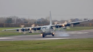 Sideslip landing  Swedish Air Force Lockheed C130H Tp84 84002 at Cambridge [upl. by Ellicott359]