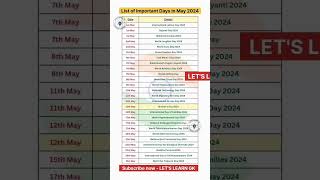 May 2024  Full List of important National and International Days  Special days in May 2024 shorts [upl. by Voe]