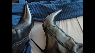 Ultra Pointy Leather Stiletto Boots closeup and toeflexing asmr [upl. by Gillett826]