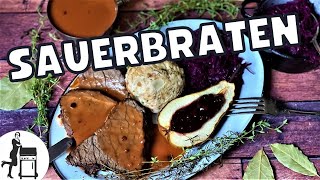 Feiner Sauerbraten mit lecker Soße  drei Schritte Rezept  Die Frau am Grill [upl. by Ume194]