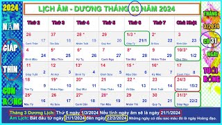 Lịch âm dương tháng 3 năm 2024  Lịch vạn niên tháng 32024 Năm Con Rồng [upl. by Saito]