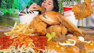 JOLLIBEE SUPER MEAL LOADED MUKBANG Chicken Palabok Spaghetti Burger Ice Cream PINOY MUKBANG [upl. by Lilian]