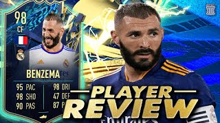 98 TEAM OF THE SEASON BENZEMA PLAYER REVIEW TOTS BENZEMA  FIFA 22 Ultimate Team [upl. by Ssitnerp848]