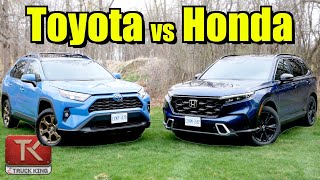 2023 Toyota RAV4 Hybrid vs Honda CRV Hybrid  Which FuelSipping Crossover is Best [upl. by Barina]