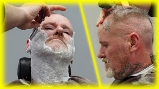 Flat top hair cut  Beard Razor Wet shave 🪒 Barber Shop transformation [upl. by Ssalguod36]