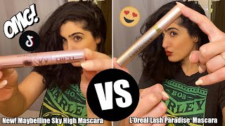 NEW MAYBELLINE SKY HIGH MASCARA vs LOREAL VOLUMINOUS LASH PARADISE I First Impressions amp Review [upl. by Kenelm]