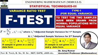 FTest Statistics  FTest for the Ratio of Population Variance  Variance Ratio Test  Example [upl. by Adnuahsar]