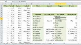 Excel  Zwölf DatenbankFunktionen  DBSUMME DBMITTELWERT DBAUSZUG etc [upl. by Aicilf83]