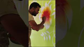 Wall colour painting 🖌️ bedroom wall flowers colour painting 🌼🌺🌼art painting design shorts [upl. by Ettenad]