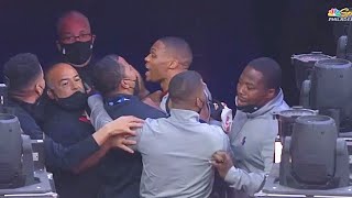 Russell Westbrook ALMOST FIGHTS Fan For Throwing Popcorn At Him Sixers vs Wizards Game 2 [upl. by Guyer806]