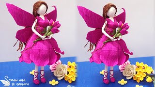 Crepe paper flower fairy doll  rose fairy  Tutorial de muñeca de hadas de flores de papel crepé [upl. by Enileqcaj]