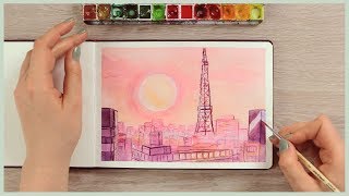 How to Paint a Sunset City Skyline with Watercolors  Art Journal Thursday Ep 38 [upl. by Yramesor]