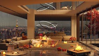 Elegant Jazz Haven  Chic Apartment with Fireplace Sounds and Rainy Evening for Study Productivity [upl. by Krusche]